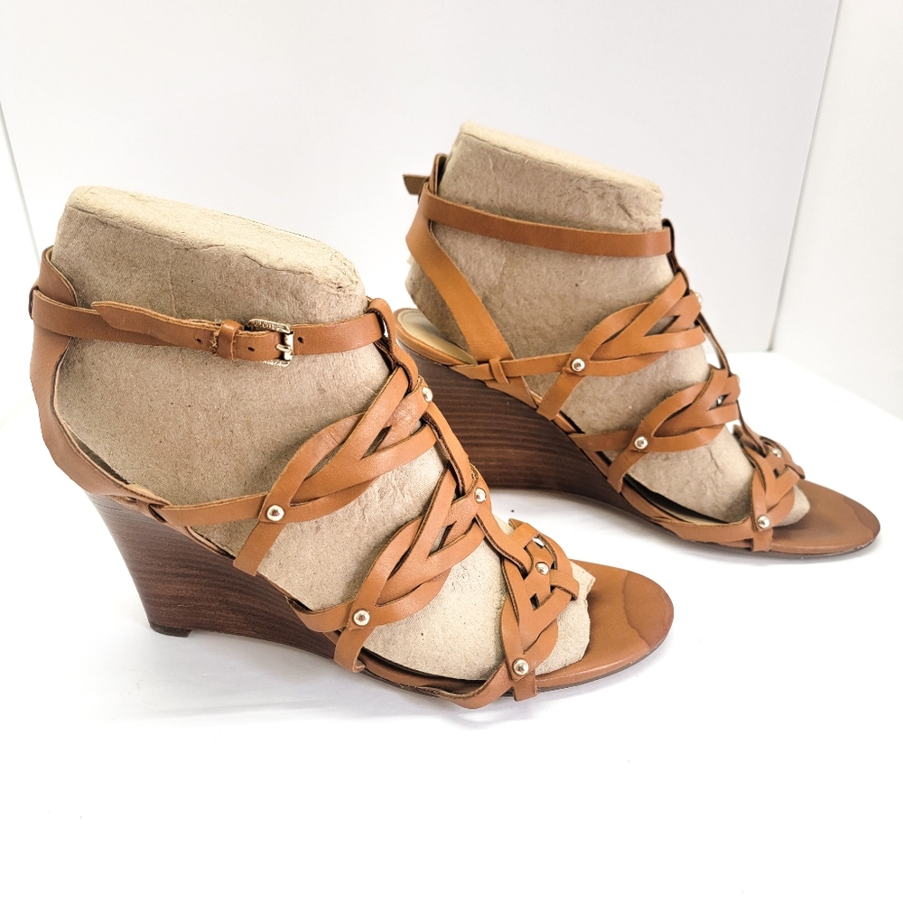 Ivanka Trump Wedge Heel Brown Strappy Sz.10 Buckled Boho Dress Shoe Sandal